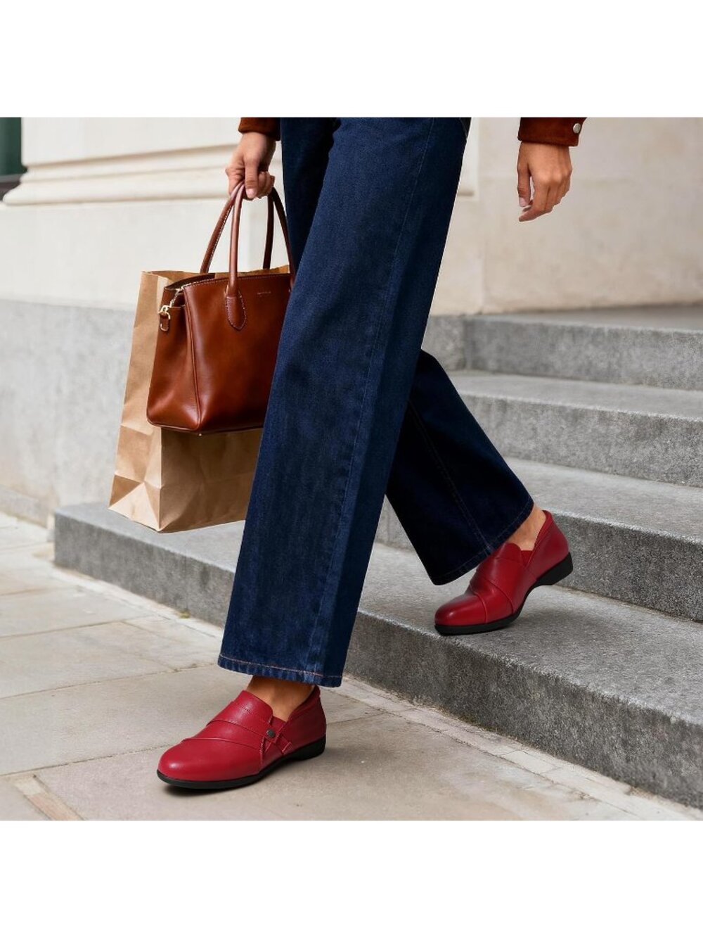 Womens Red Faux Leather Business Casual Dressy Loafers Comfortable Loafers - Picture 3 of 6